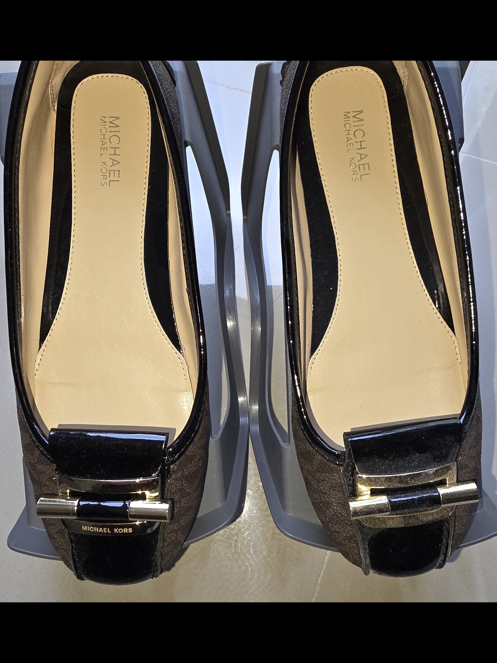 Michael Kors Black Patent & Brown Logo Ballet Flats